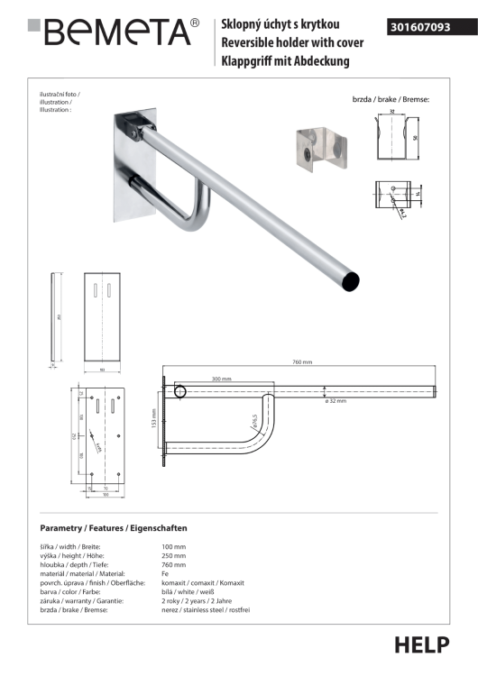 Poręcz łazienkowa składana 76 cm z kołnierzem osłonowym biała 301607093 rysunek techniczny