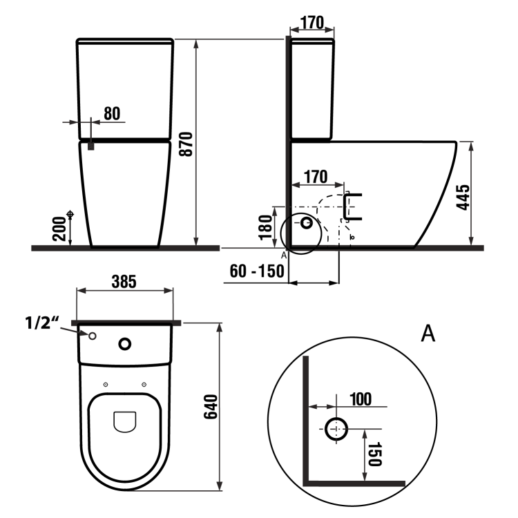 TURKU RIMLESS kompakt WC wysoki, odpływ pionowy/poziomy, biały PC104WR rysunek techniczny