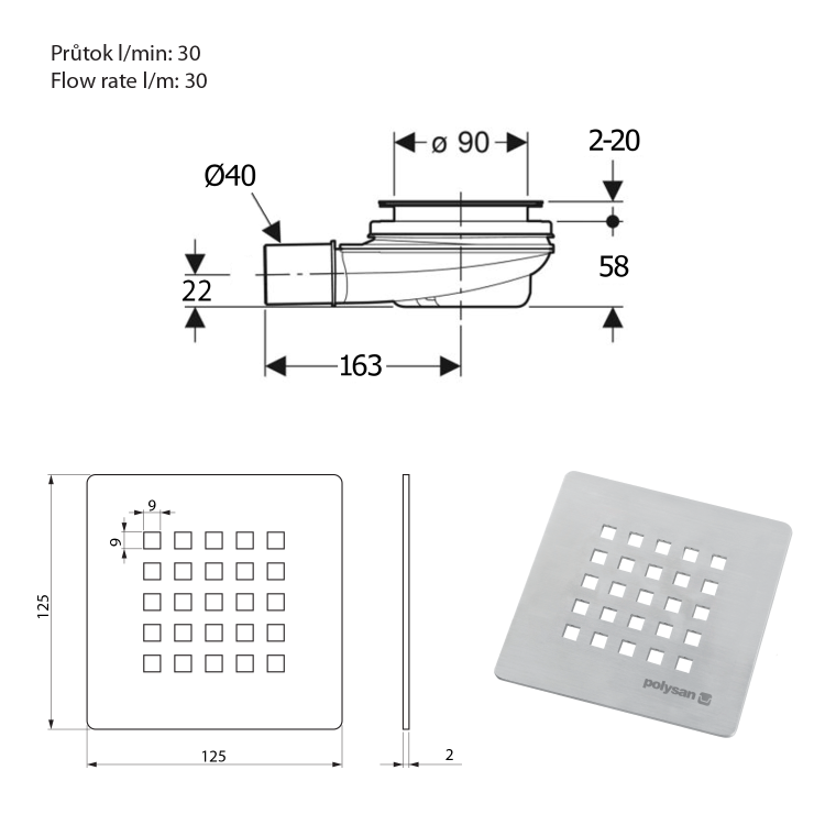 TRENECA Syfon do brodzików 90mm, DN40, biały mat 84999.10rysunek techniczny