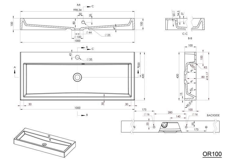 ORINOKO Umywalka kompozytowa 100x42 cm OR100 - rysunek techniczny