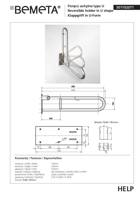 HELP Poręcz uchylna typu U 60 cm stal nierdzewna 301102071, karta produktu
