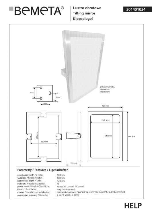 Lustro obrotowe 40x60 cm, rama biała 301401034, wymiary