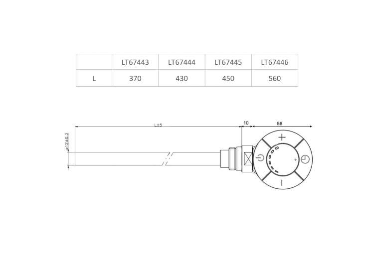 Grzałka elektryczna z termostatem, chrom 600 W LT67446 - rysunek techniczny