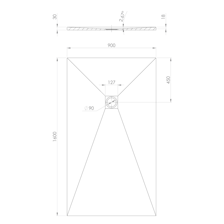 TRENECA brodzik kompozytowy z możliwością docinania 160x90 cm, biały mat 84311.11 rysunek techniczny