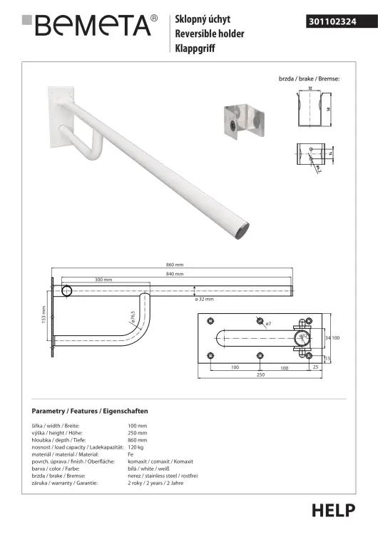 Poręcz łazienkowa składana 85 cm biała 301102324 rysunek techniczny