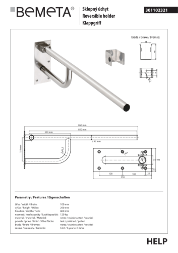 Poręcz łazienkowa składana 85 cm stal nierdzewna 301102321 rysunek techniczny
