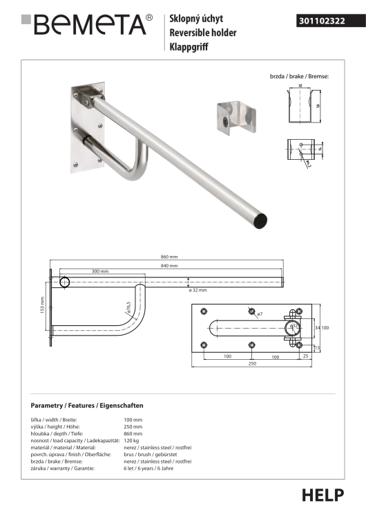 Poręcz łazienkowa składana 85 cm stal szczotkowana 301102322 rysunek techniczny
