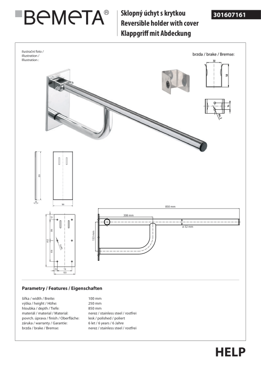 Poręcz łazienkowa składana 85 cm z kołnierzem osłonowym stal nierdzewna 301607161  rysunek techniczny