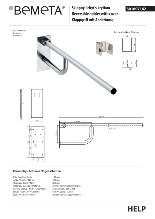 Poręcz łazienkowa składana 85 cm z kołnierzem osłonowym stal nierdzewna szczotkowana 301607162 rysunek techniczny