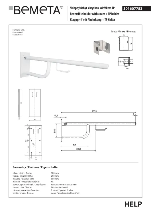 Poręcz łazienkowa składana 85 cm z uchwytem na papier z kołnierzem osłonowym biała 301607783  rysunek techniczny