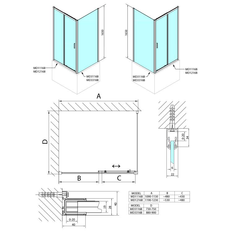 DEEP BLACK Drzwi prysznicowe do wnęki przesuwne 120x165 cm szkło czyste MD1216B rysunek techniczny