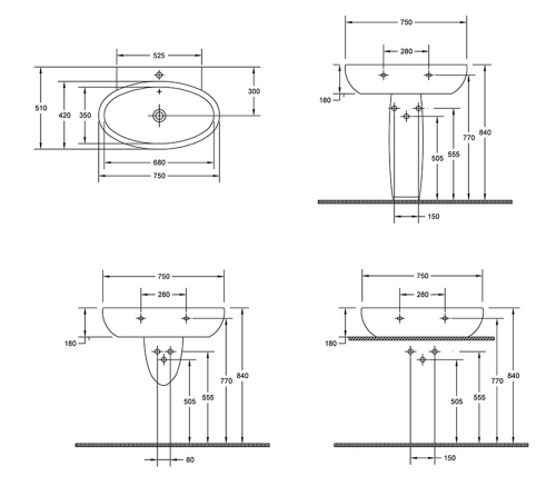 DYNASTY umywalka 75x51 cm, (2605, 10BP50075) 10SF50075 rysunek techniczny