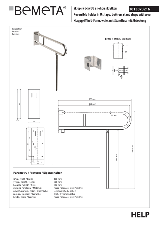 Poręcz łazienkowa składana w kształcie U 85 cm z nogą podporową z kołnierzem osłonowym stal nierdzewna 301307321N rysunek techniczny
