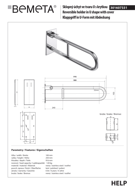 Poręcz łazienkowa składana w kształcie U 90 cm z kołnierzem osłonowym stal nierdzewna 301607331 rysunek techniczny