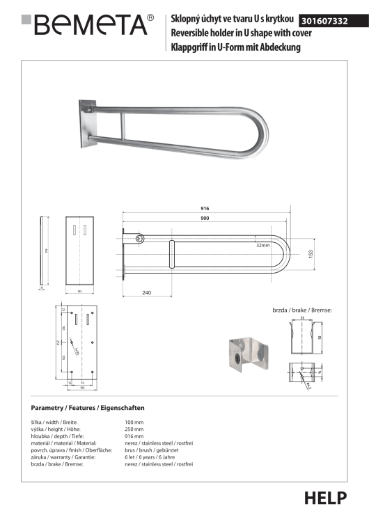 Poręcz łazienkowa składana w kształcie U 90 cm z kołnierzem osłonowym stal szczotkowana 301607332 rysunek techniczny