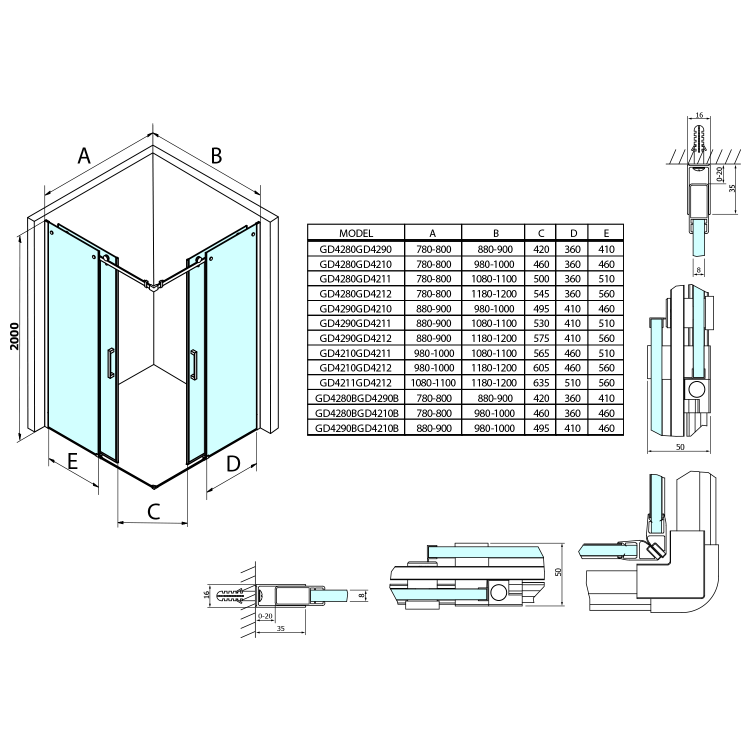 DRAGON BLACK kabina prysznicowa prostokątna 900x1000 mm, wejście z rogu, szkło czyste GD4290BGD4210B rysunek techniczny