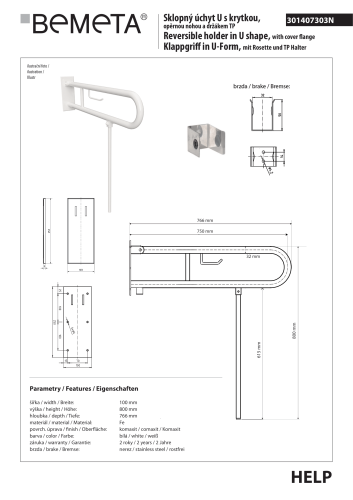 Poręcz łazienkowa składana w kształcie U 750 mm z nogą podporową z uchwytem na papier z kołnierzem osłonowym biała 301407303N rysunek techniczny