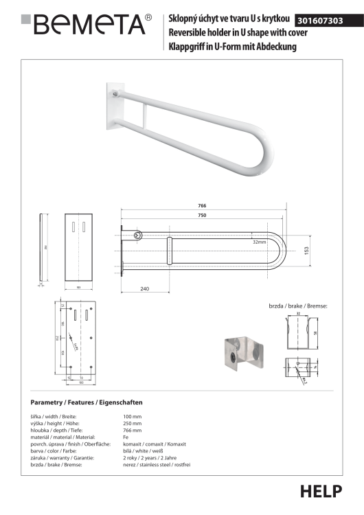 Poręcz łazienkowa uchylna w kształcie U 75cm z kołnierzem osłonowym biała 301607303  rysunek techniczny