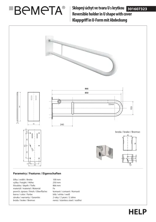 Poręcz łazienkowa uchylna w kształcie U 85cm z kołnierzem osłonowym biała 301607323 rysunek techniczny