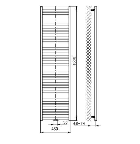 TONDI grzejnik łazienkowy 450x1690 mm, podłączenie centralne, czarny mat DT446T wymiary