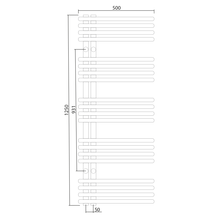 NYMPHA grzejnik łazienkowy 500x1250 mm, 334W chrom LLN125 rysunek techniczny