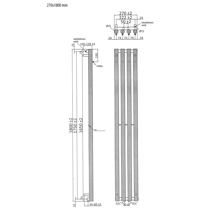 PILON grzejnik łazienkowy 270x1800 mm, 464 W4 wieszaki, chrom IZ120T - rys.techn.