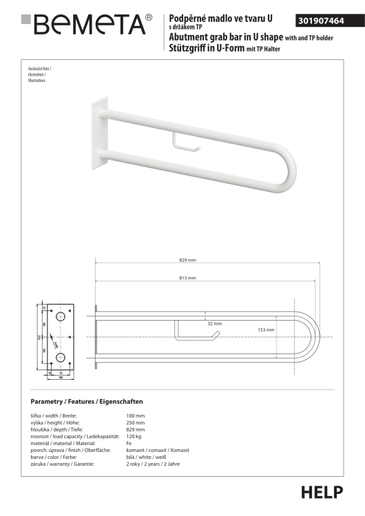 Poręcz łazienkowa w kształcie U 813 mm z uchwytem na papier biała 301907464 rysunek techniczny