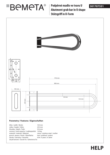 Poręcz łazienkowa w kształcie U 900 mm z kołnierzem osłonowym stal nierdzewna 301707331 rysunek techniczny
