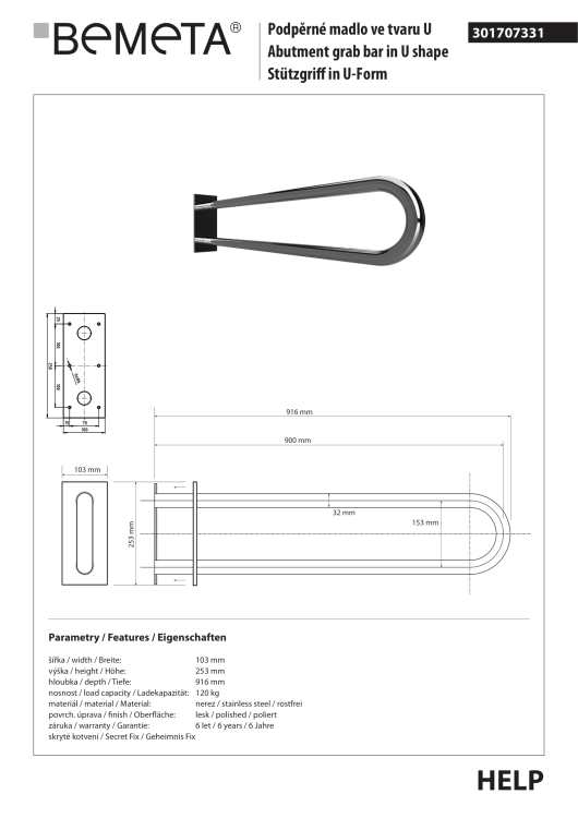Poręcz łazienkowa w kształcie U 900 mm z kołnierzem osłonowym stal nierdzewna 301707331 rysunek techniczny