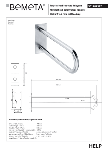 Poręcz łazienkowa w kształcie U 85cm z kołnierzem osłonowym stal szczotkowana 301707322 rysunek techniczny