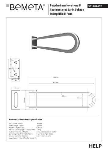 Poręcz łazienkowa w kształcie U 813 mm z kołnierzem osłonowym stal szczotkowana 301707462 rysunek techniczny