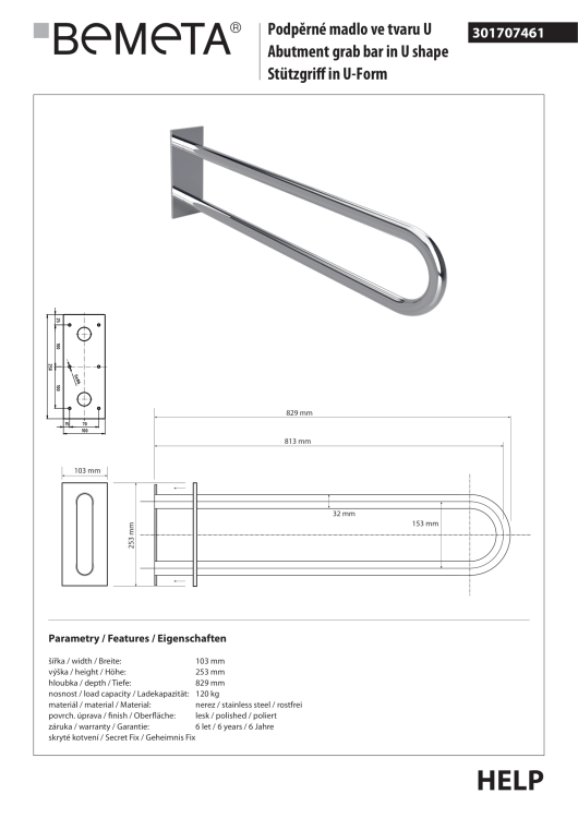 Poręcz łazienkowa w kształcie U 813 mm z kołnierzem osłonowym stal nierdzewna 301707461 rysunek techniczny