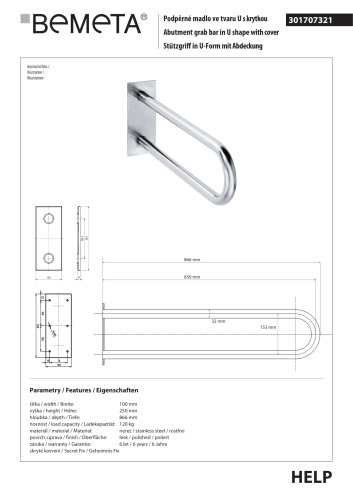 Poręcz łazienkowa w kształcie U 850 mm z kołnierzem osłonowym stal nierdzewna 301102041 rysunek techniczny