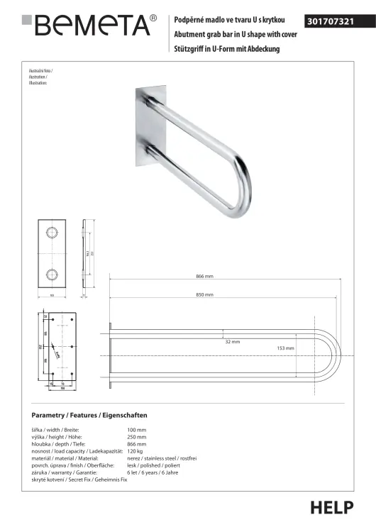 Poręcz łazienkowa w kształcie U 850 mm z kołnierzem osłonowym stal nierdzewna 301102041 rysunek techniczny