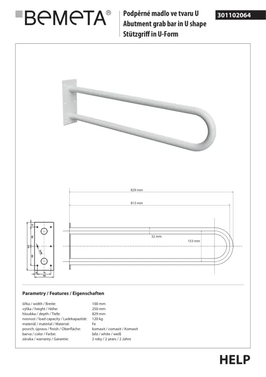 Poręcz łazienkowa w kształcie U 850 mm biały 301102044 rysunek techniczny