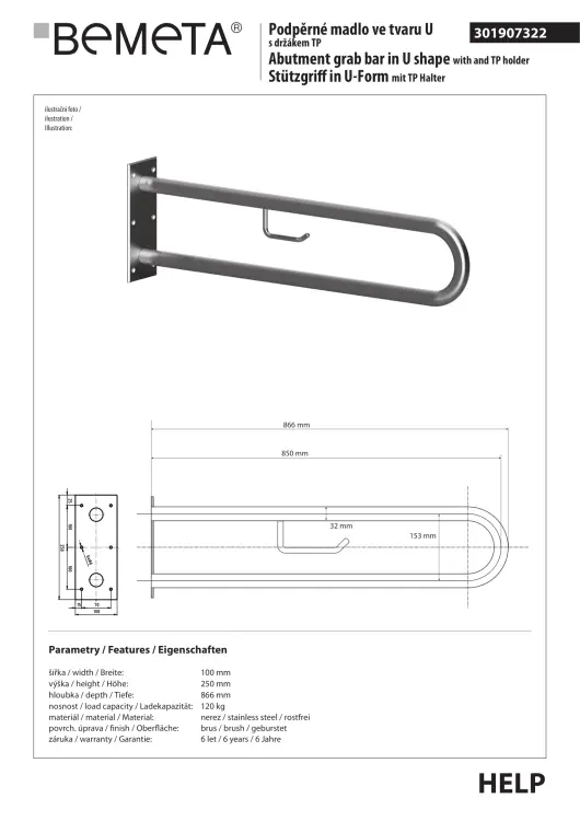 Poręcz łazienkowa w kształcie U 850 mm z uchwytem na papier stal szczotkowana 301907322 rysunek techniczny