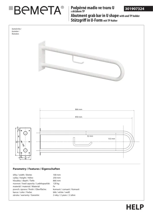Poręcz łazienkowa w kształcie U 850 mm z uchwytem na papier biała 301907324 rysunek techniczny