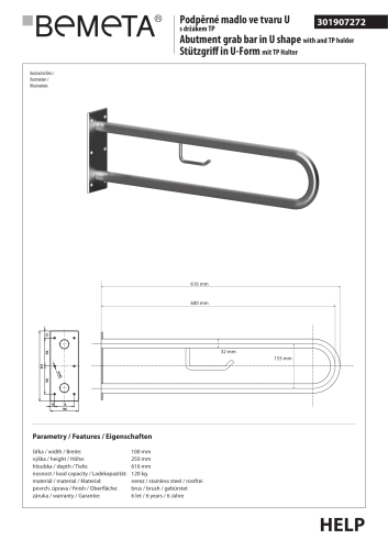 Poręcz łazienkowa w kształcie U 900 mm z uchwytem na papier stal szczotkowana 301907332 rysunek techniczny