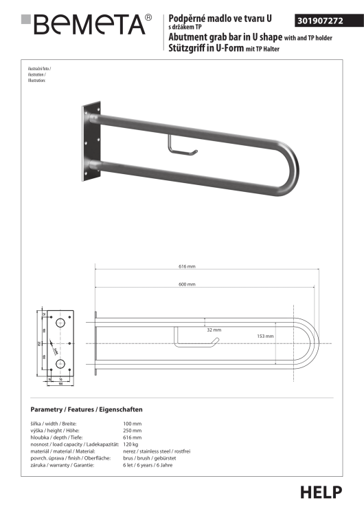 Poręcz łazienkowa w kształcie U 900 mm z uchwytem na papier stal szczotkowana 301907332 rysunek techniczny