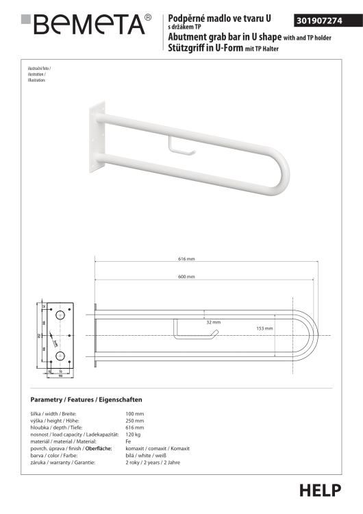 Poręcz łazienkowa w kształcie U 900 mm z uchwytem na papier biała 301907334 rysunek techniczny