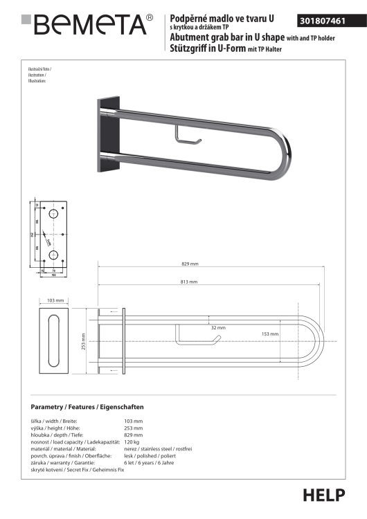 Poręcz łazienkowa w kształcie U 900 mm z uchwytem na papier z kołnierzem osłonowym stal nierdzewna 301807331 rysunek techniczny