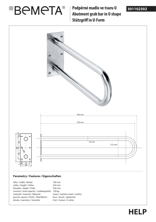 Poręcz łazienkowa w kształcie U750 mm stal szczotkowana 301102302  rysunek techniczny