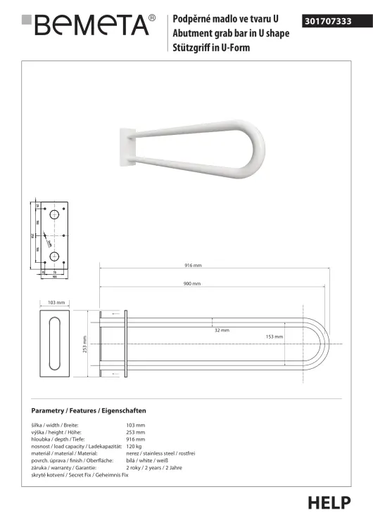 Poręcz łazienkowa typu U 90 cm biała 301707333 rysunek techniczny
