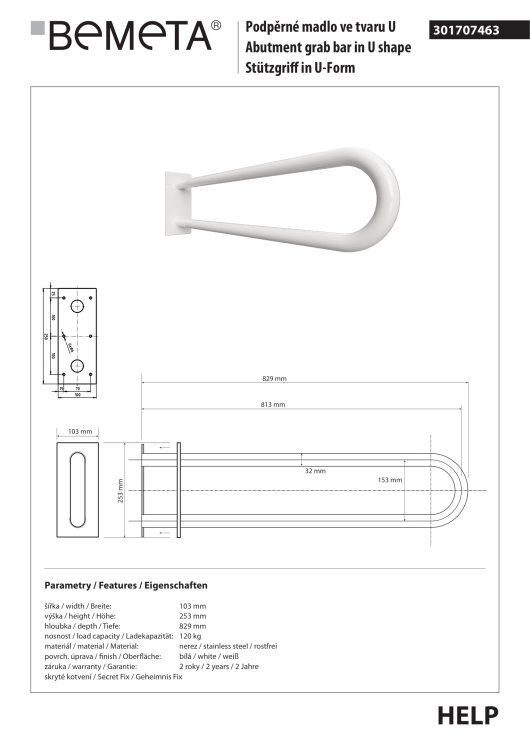 Poręcz łazienkowa w kształcie U 813 mm z kołnierzem osłonowym biała 301707463  rysunek techniczny