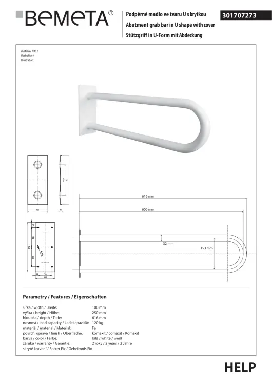 Poręcz łazienkowa w kształcie U 60cm z kołnierzem osłonowym biała 301707273 rysunek techniczny