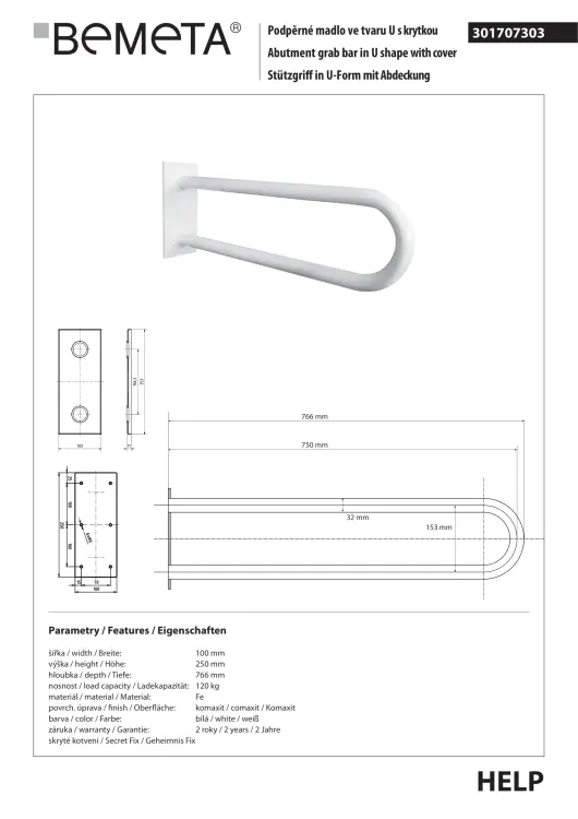 Poręcz łazienkowa w kształcie U 75 cm z kołnierzem osłonowym biała 301707303 rysunek techniczny