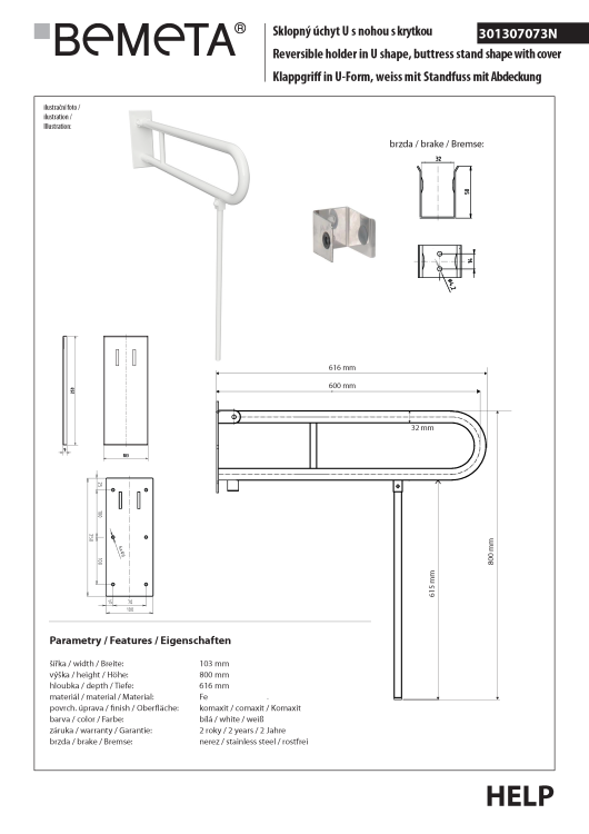 Poręcz łazienkowa składana w kształcie U 600 mm z nogą podporową z kołnierzem osłonowym biała 301307073N rysunek techniczny