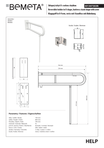 Poręcz łazienkowa składana w kształcie U 750 mm z nogą podporową z kołnierzem osłonowym biała 301307303N rysunek techniczny