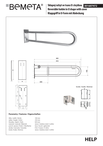 Poręcz łazienkowa składana w kształcie U 813 mm z kołnierzem osłonowym stal szczotkowana 301607472 rysunek techniczny