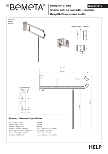 Poręcz łazienkowa składana w kształcie U 850 mm z nogą podporową stal nierdzewna 301606321N  rysunek techniczny